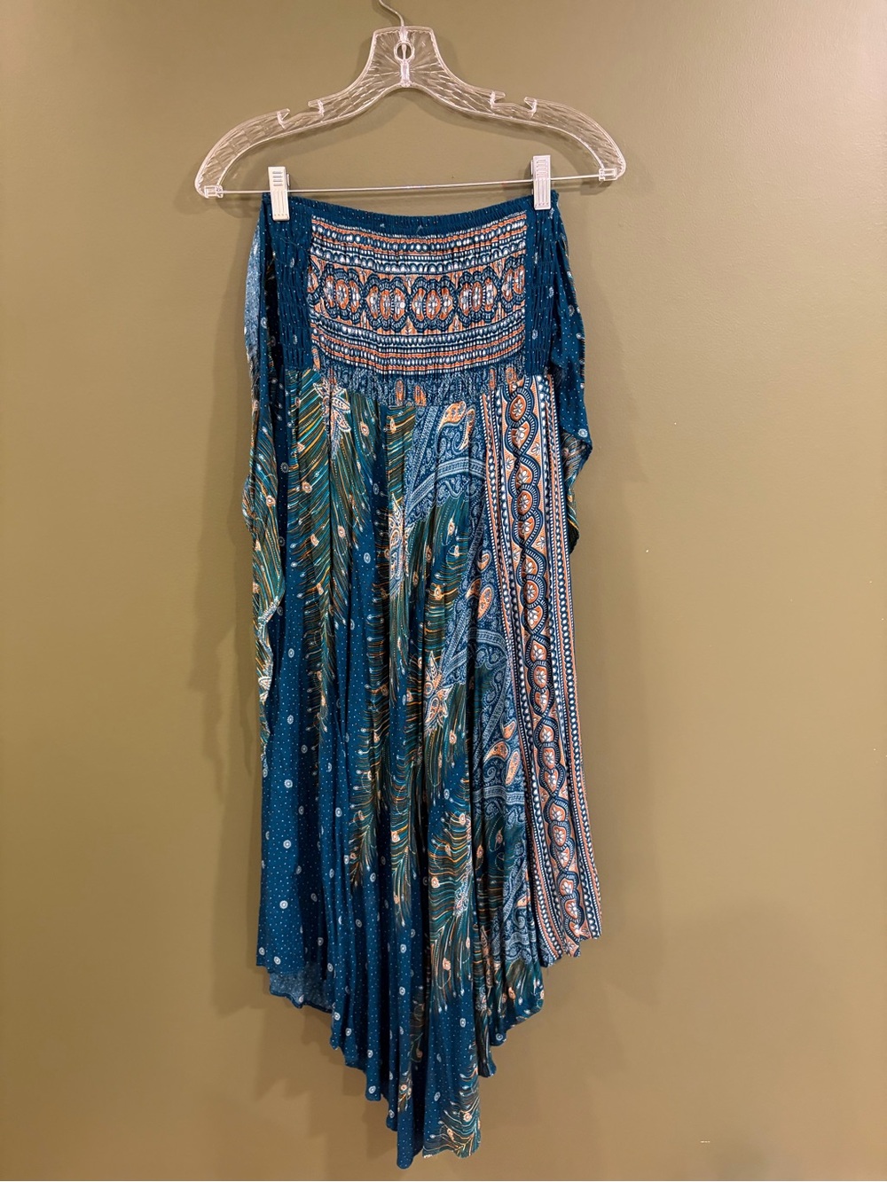 Teal Patterned Asymmetrical Maxi Skirt